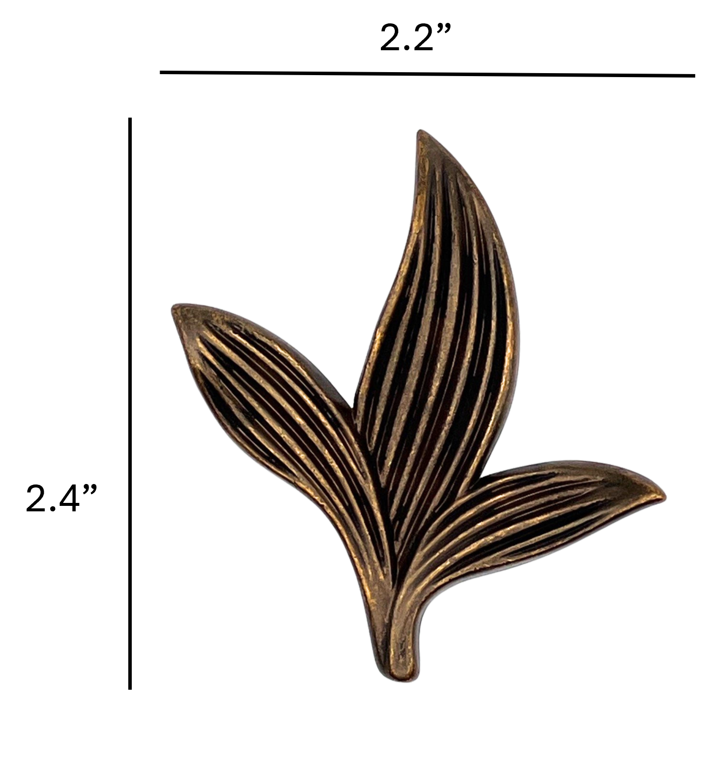 Bronze leaf-shaped decorative item with measurements on a white background
