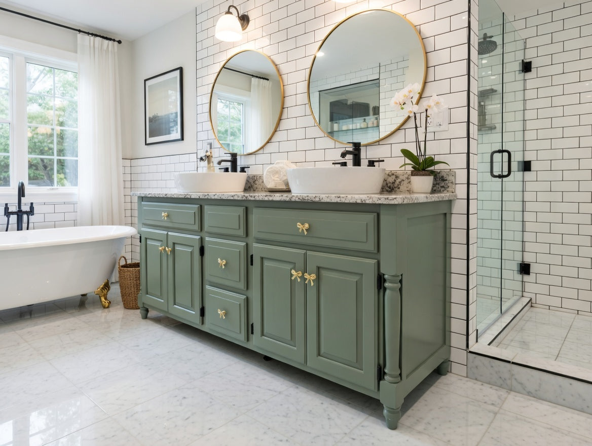 Bathroom with green vanity, round mirrors, and a freestanding bathtub.
