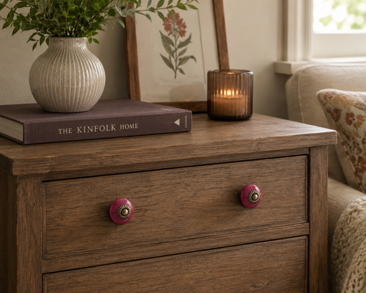 Red ceramic drawer knobs featured on a vintage nightstand styled in a cozy bedroom setting.
