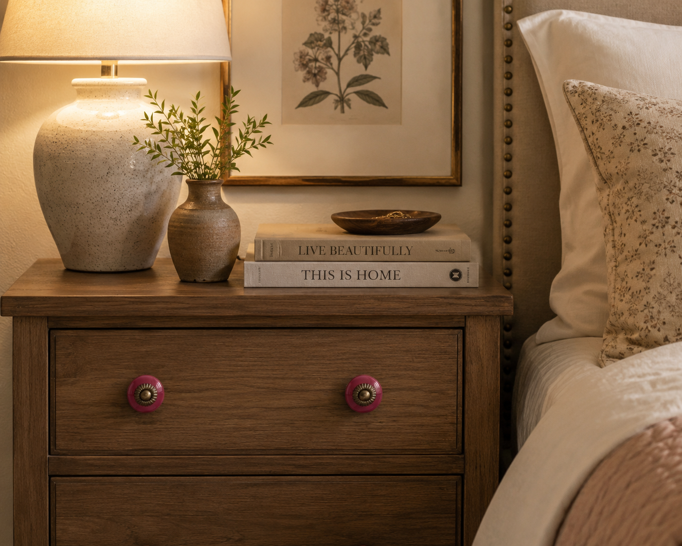 Pair of vintage red ceramic cabinet knobs installed on a painted dresser in a colorful bedroom.