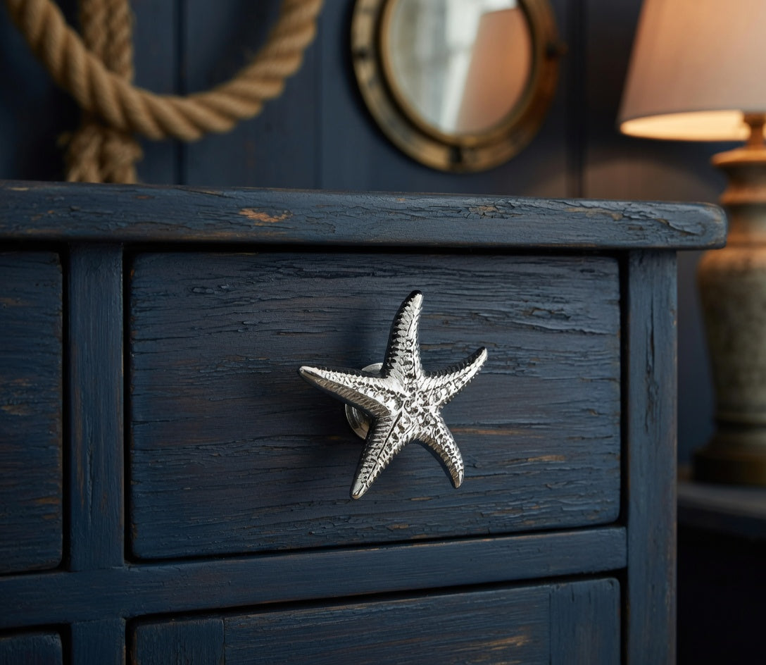 Starfish-shaped handle on a dark wooden drawer with nautical decor in the background.