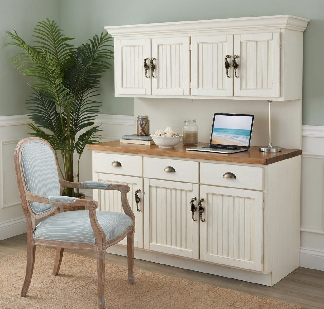 White wooden desk with a chair and laptop in a home office setting