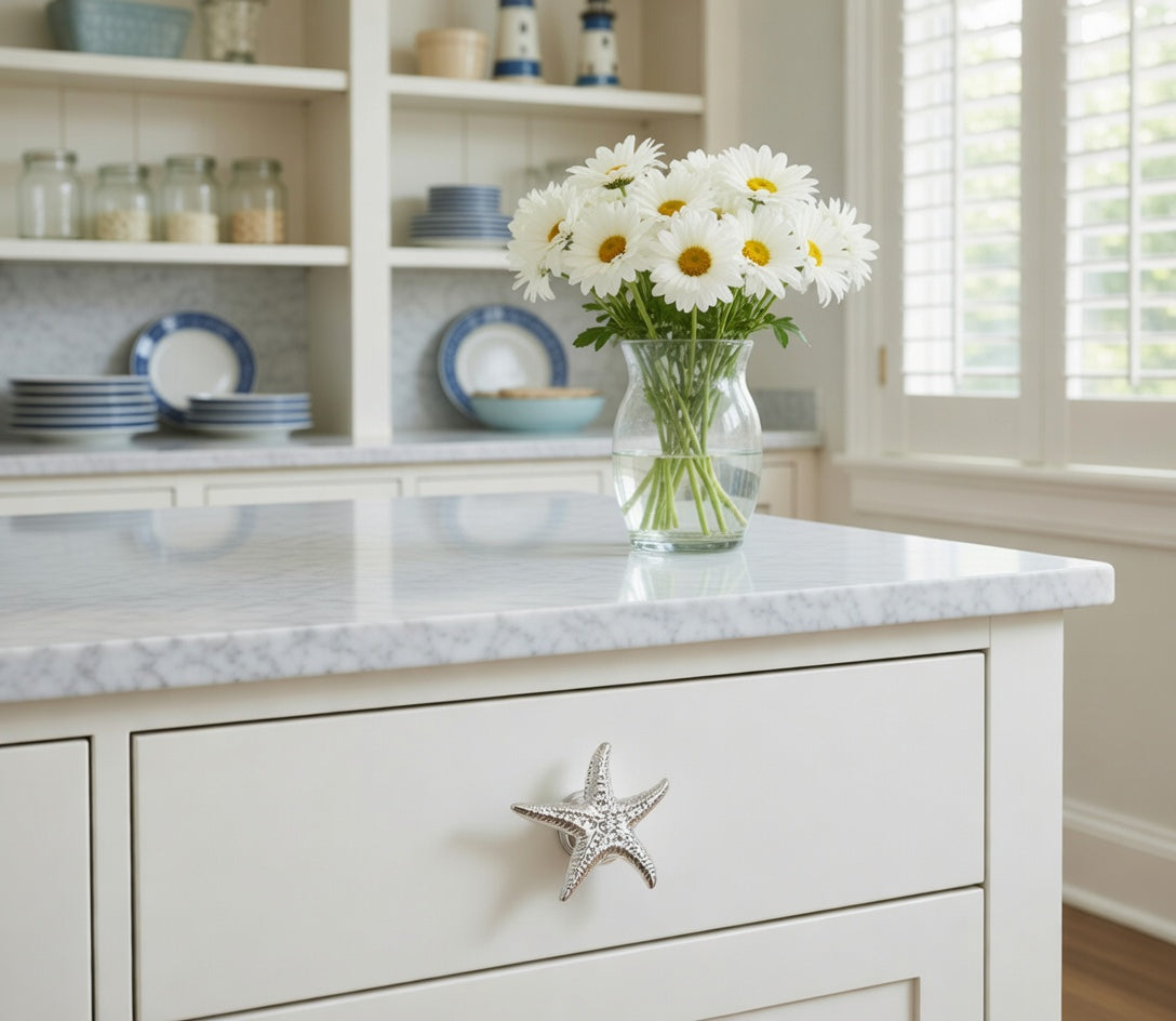 Kitchen counter with a vase of white flowers and a starfish drawer pull.