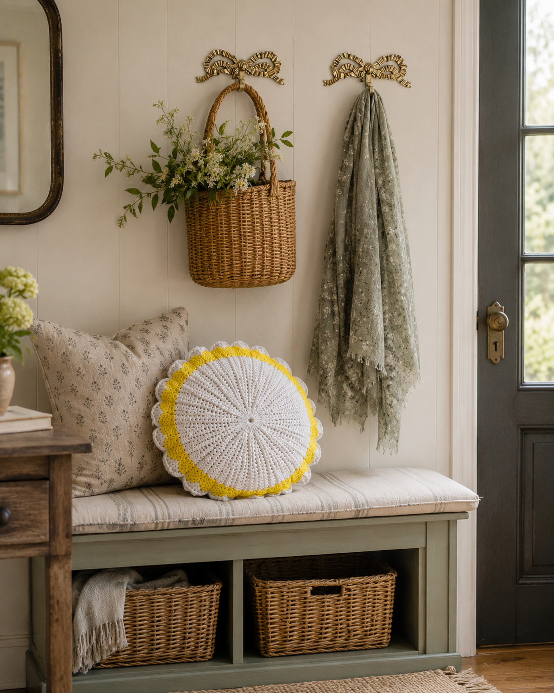 Decorative gold bow wall hooks displayed on a paneled wall with vintage furnishings and soft neutral décor.