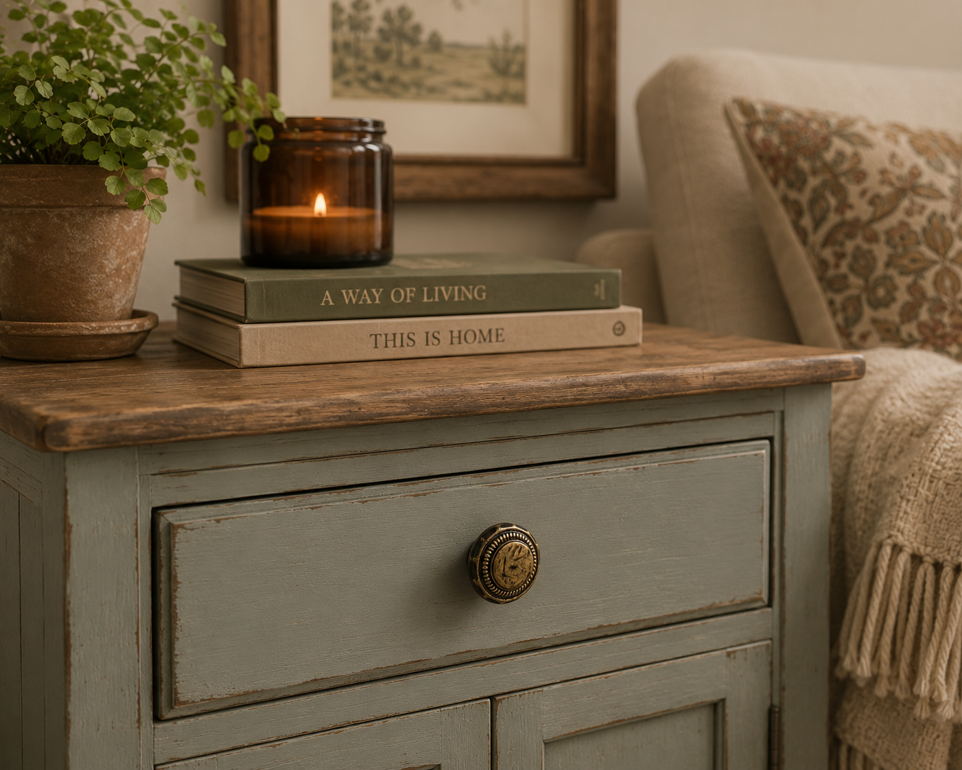 Antique-inspired bronze cabinet knob showcased on refinished furniture in a bright room.