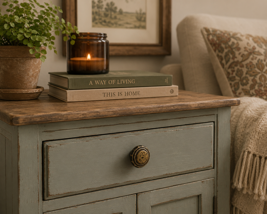 Antique-inspired bronze cabinet knob showcased on refinished furniture in a bright room.