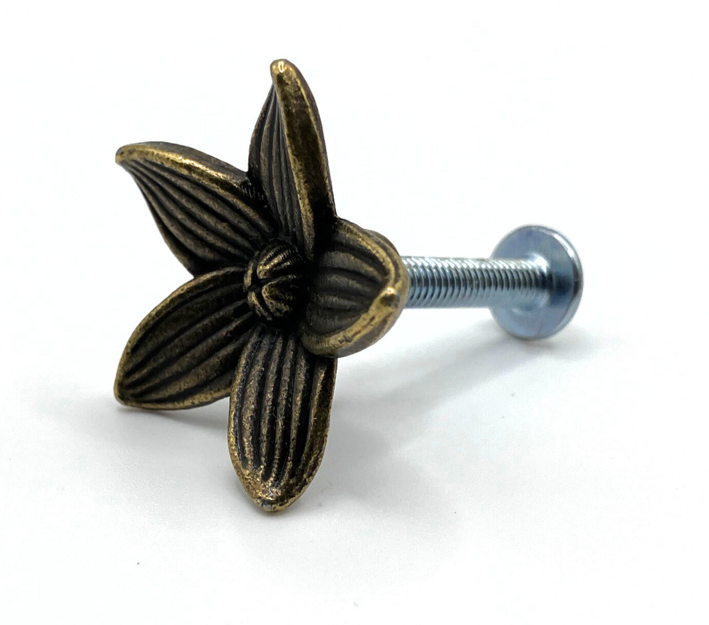 Decorative metal flower knob with a screw on a white background