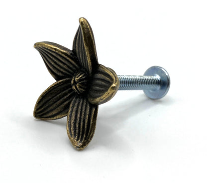 Decorative metal flower knob with a screw on a white background