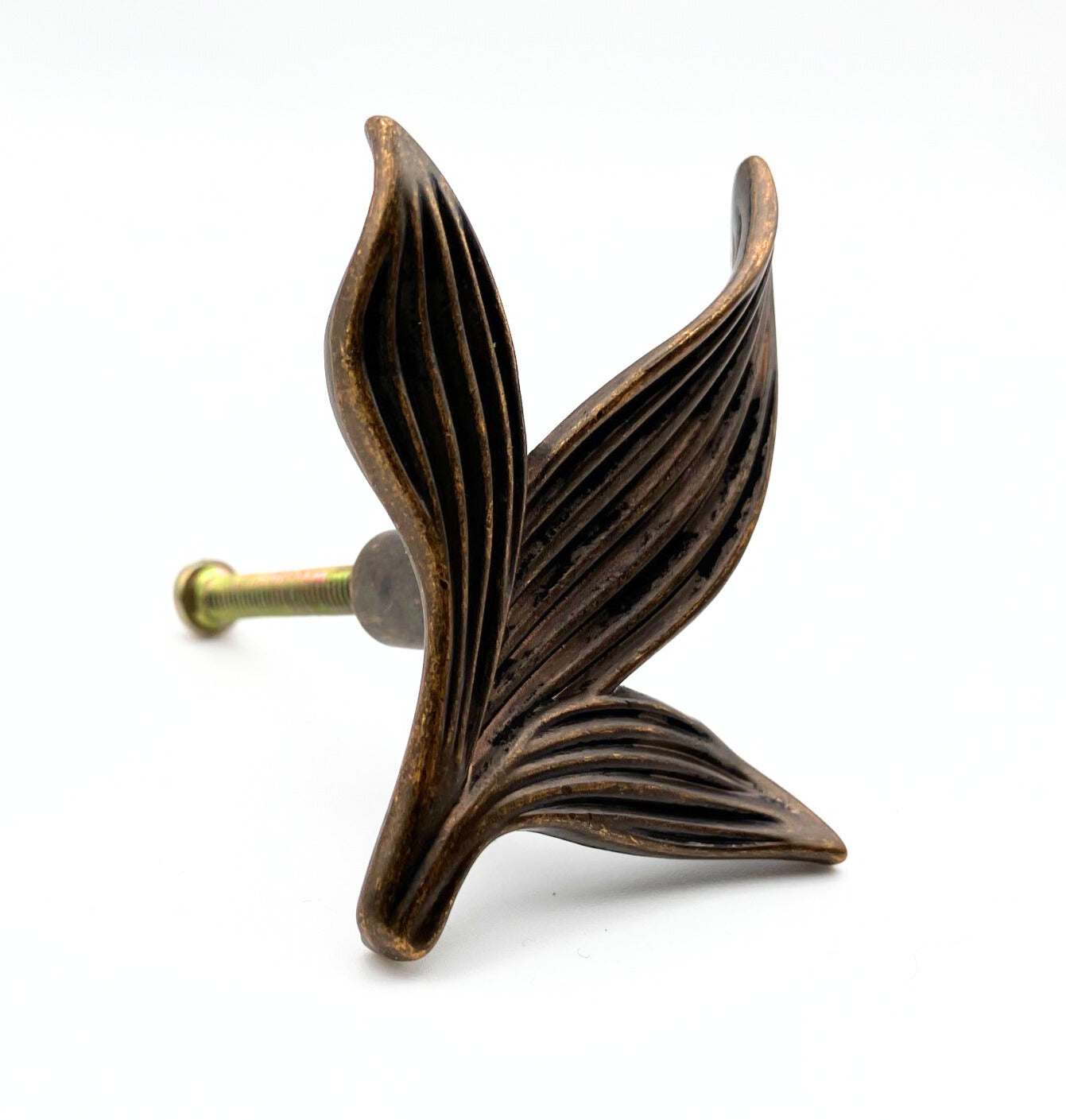 Bronze leaf-shaped cabinet knob on a white background