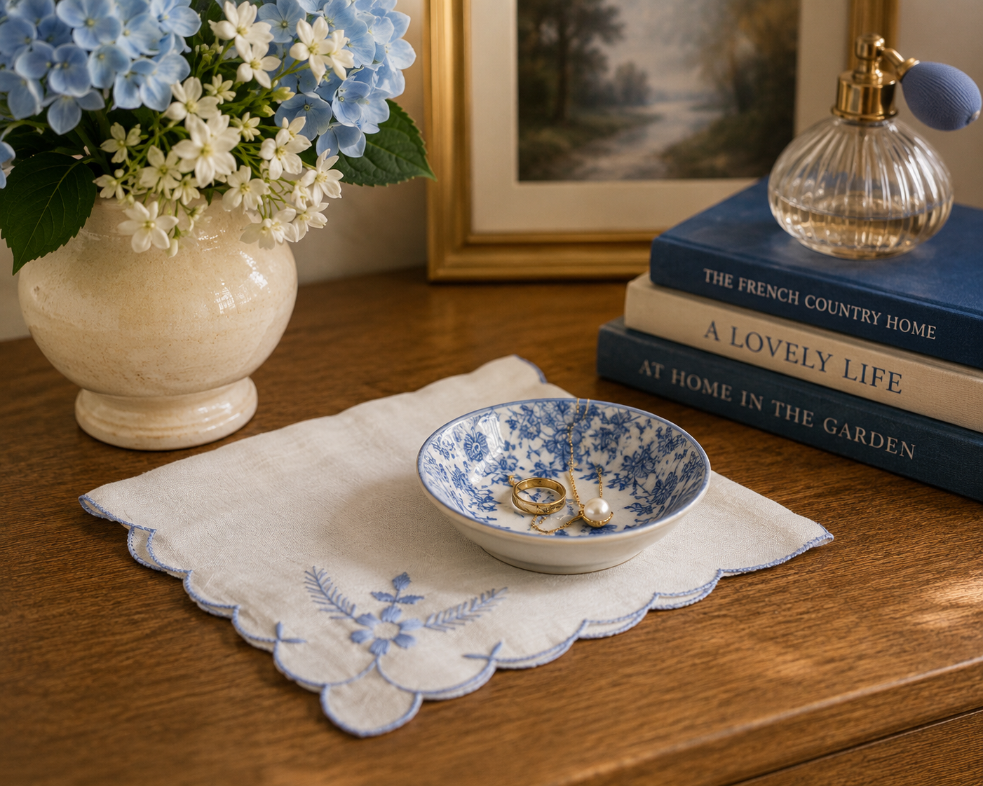 White embroidered floral linen centerpiece styled on a traditional tea table with vintage china.