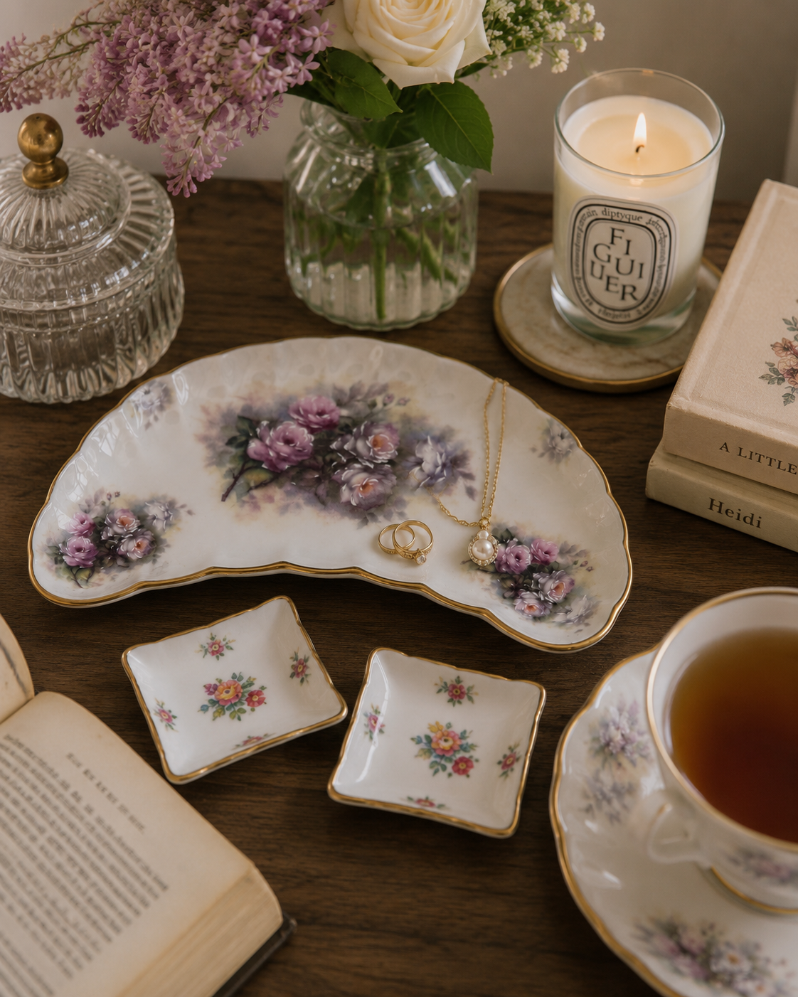 Limoges trinket tray styled on a vintage tea table with candles, books, and decorative porcelain pieces.