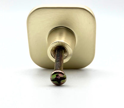 Square with rounded corners shaped knob with off-white inset and brass gold metal trim