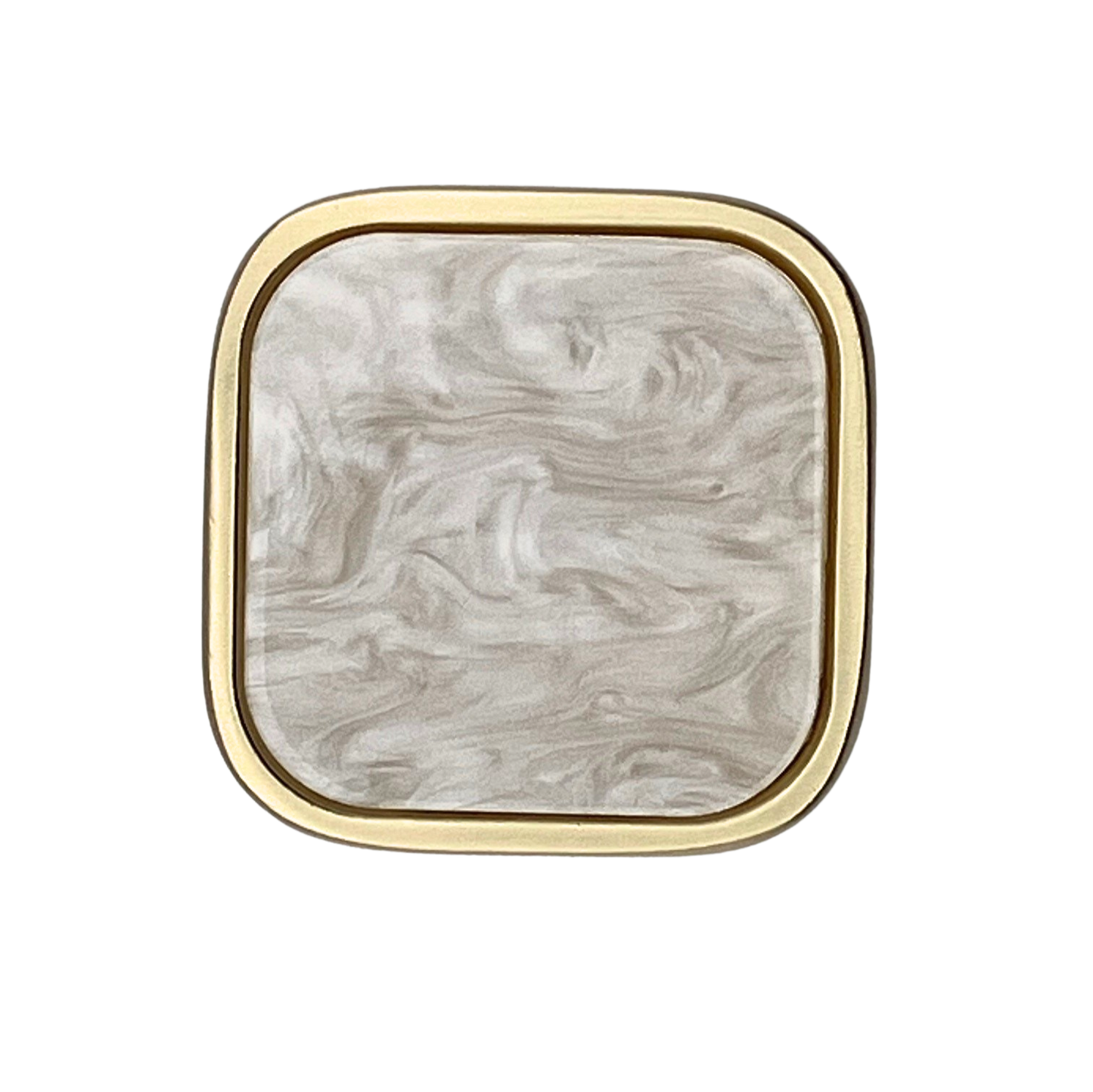 Square with rounded corners shaped knob with off-white inset and brass gold metal trim