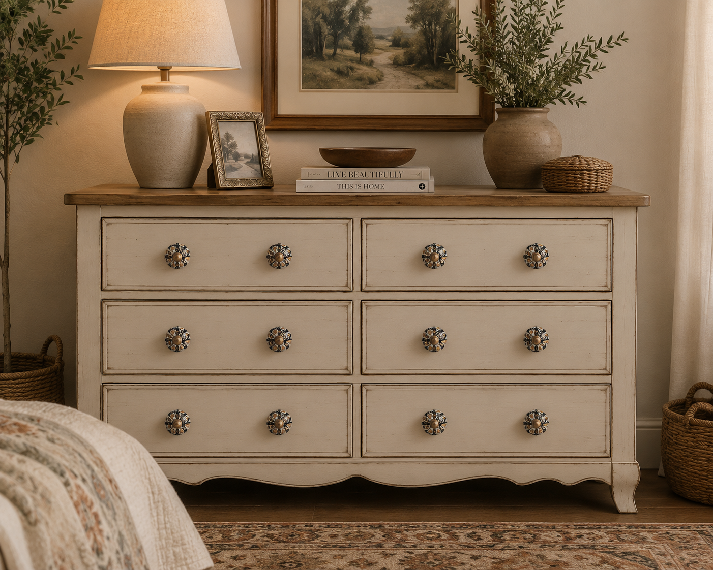 Set of six black, white, and gold ceramic drawer knobs installed on a dresser in a stylish bedroom.