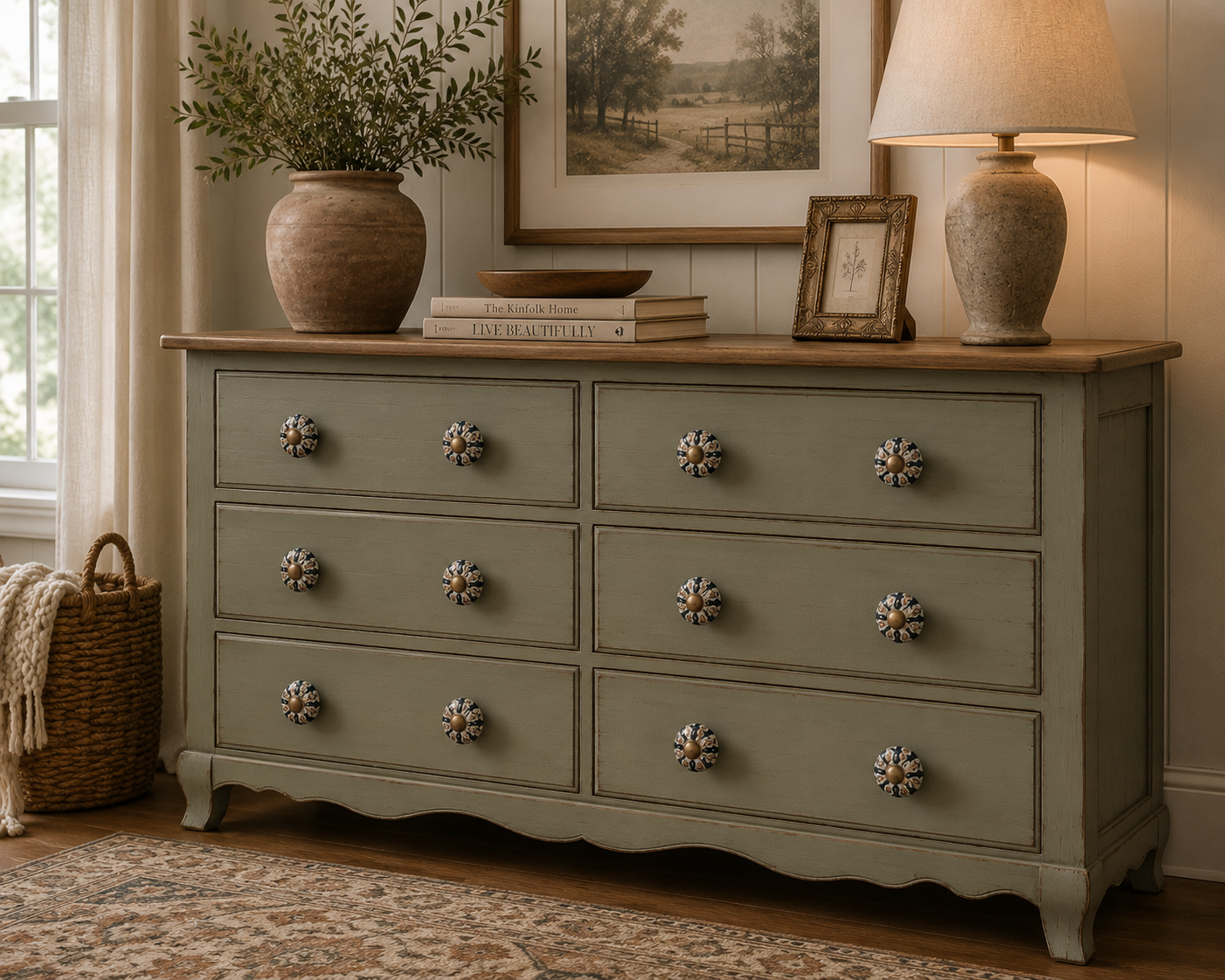 Decorative black and gold ceramic cabinet knobs featured on a vintage dresser with elegant styling.