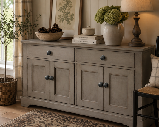 Set of charcoal gray cabinet knobs installed on a rustic console cabinet in a bright living room.