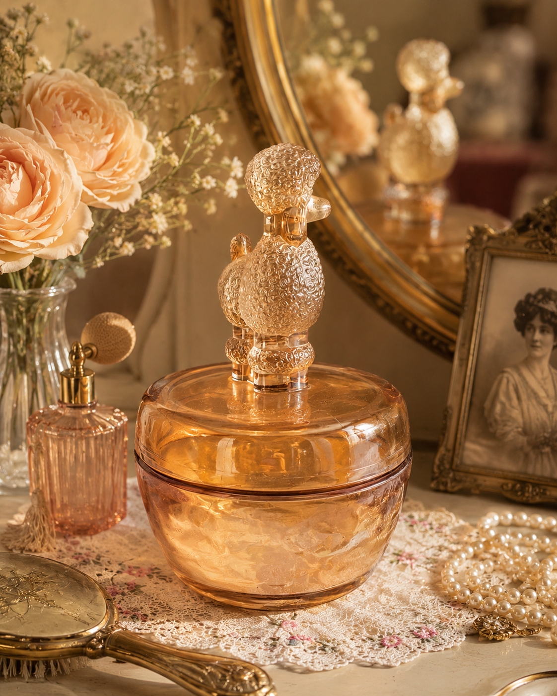 Vintage marigold glass poodle powder jar displayed on a lace-covered vanity with perfume bottles, pearls, and soft romantic décor.