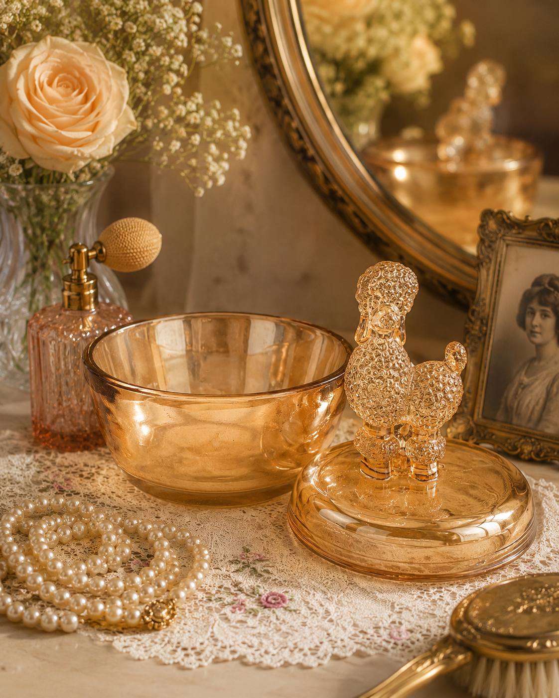 Amber marigold poodle powder jar displayed among perfume bottles, pearls, and antique vanity décor in a softly lit room.