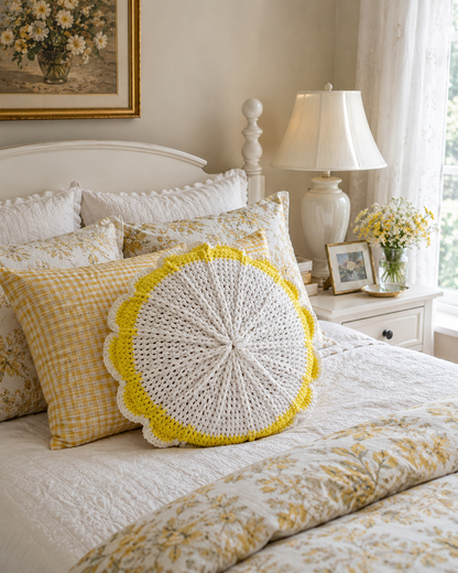 Handmade white crochet pillow with yellow trim displayed on a cozy bed in a bright cottage-style bedroom.