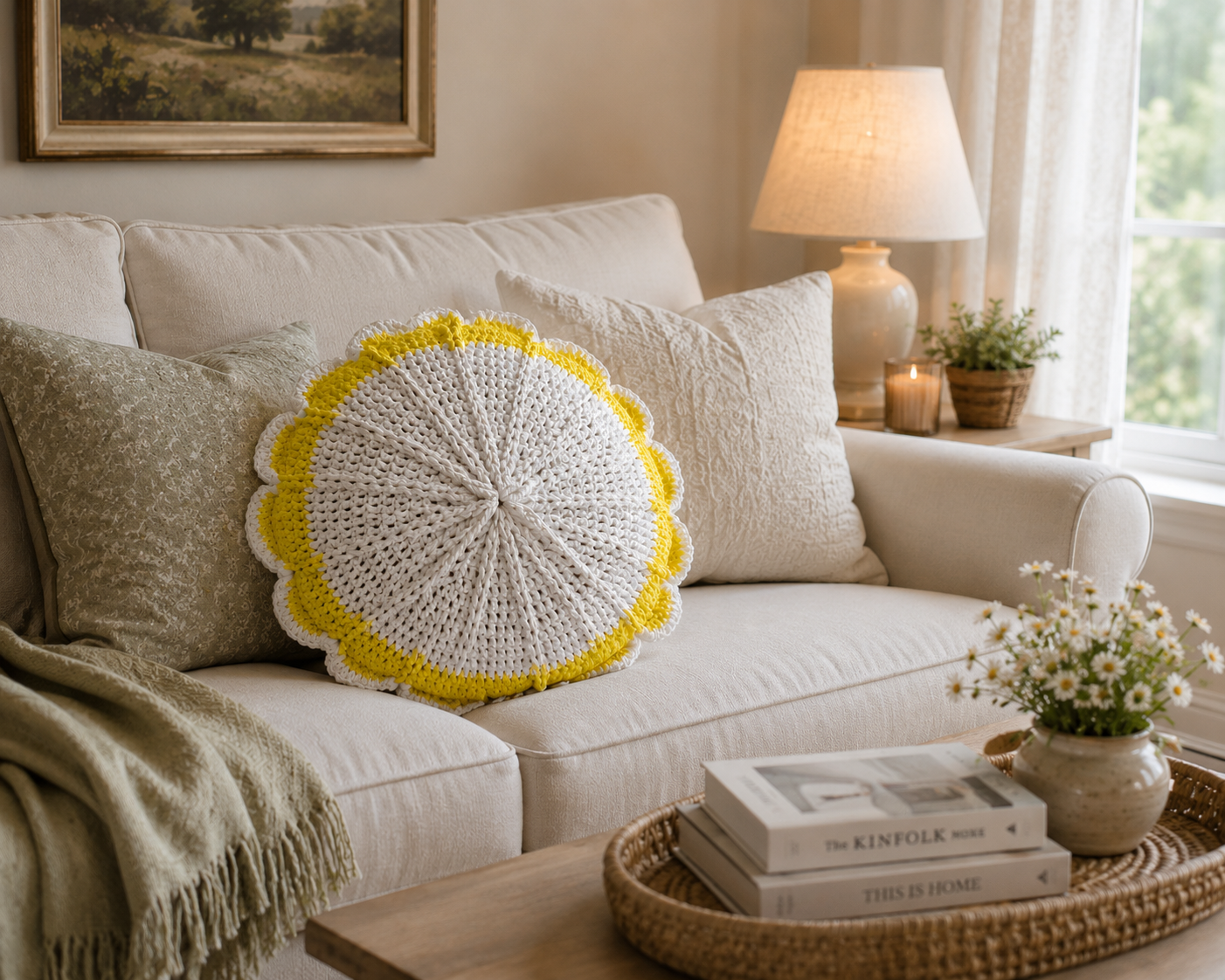 Handmade white crochet pillow with yellow trim displayed on a neutral sofa in a bright cottage living room.