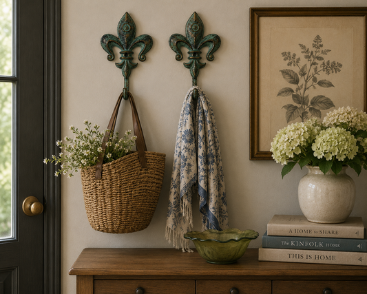 Decorative fleur-de-lis wall hooks displayed in a rustic mudroom with woven baskets and natural textures.
