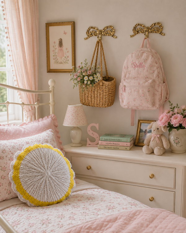 Gold bow wall hooks mounted in a pastel girls' bedroom, styled with floral décor and feminine accessories.