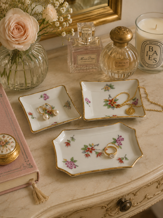 Collection of Limoges porcelain trinket dishes styled on a vintage tabletop with books, flowers, and decorative accessories.