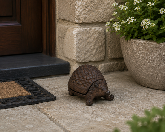 Cast iron hedgehog key keeper displayed near a home's front entry surrounded by garden landscaping.