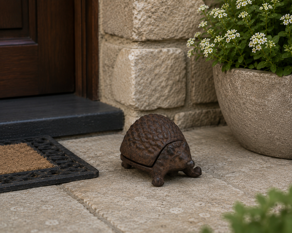 Cast iron hedgehog key keeper displayed near a home's front entry surrounded by garden landscaping.