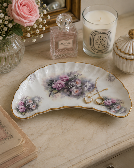 Floral crescent porcelain trinket tray displayed with jewelry and perfume on an elegant vanity table.