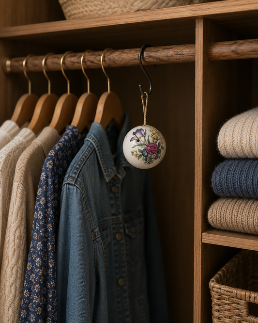 Floral ceramic pomander ball hanging from a closet rod among clothing and accessories in a bright wardrobe.