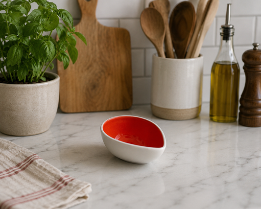 Mid-century inspired orange and white ceramic bowl styled in a bright breakfast nook setting.