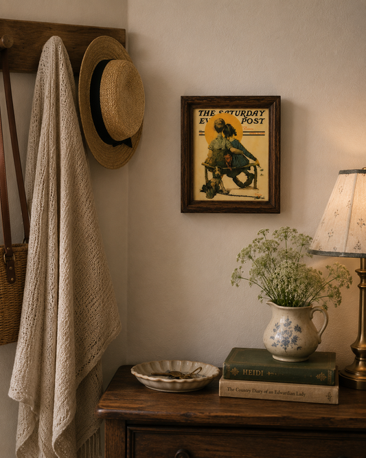 Framed vintage magazine cover displayed as wall décor in a cozy farmhouse-inspired interior.