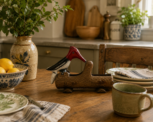 Vintage cast iron woodpecker toothpick holder displayed on a rustic kitchen table with dishes and accessories.