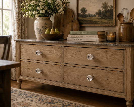 Set of clear acrylic cabinet knobs installed on a light wood dresser in a bright bedroom.