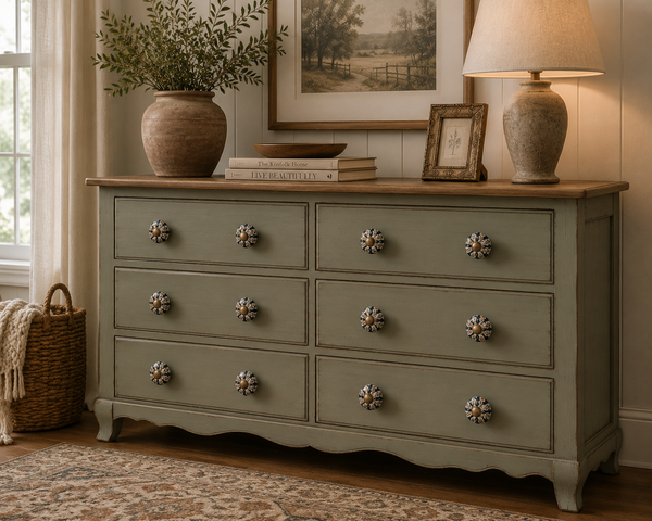 Decorative black and gold ceramic cabinet knobs featured on a vintage dresser with elegant styling.