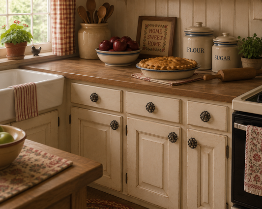 Country kitchen cabinets adorned with pie-themed cabinet knobs and vintage farmhouse accessories.