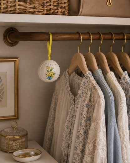 Ceramic floral pomander hanging from a closet rod as a decorative closet freshener among neutral-toned garments.