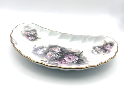 Vintage crescent-shaped bone dish featuring delicate hand-painted floral details