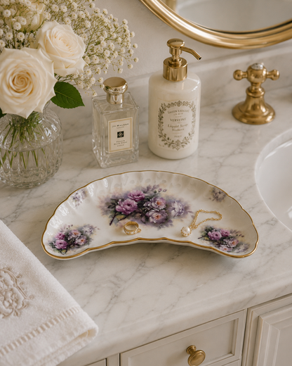 Floral crescent trinket tray displayed on a marble bathroom vanity with jewelry, perfume, and fresh flowers.