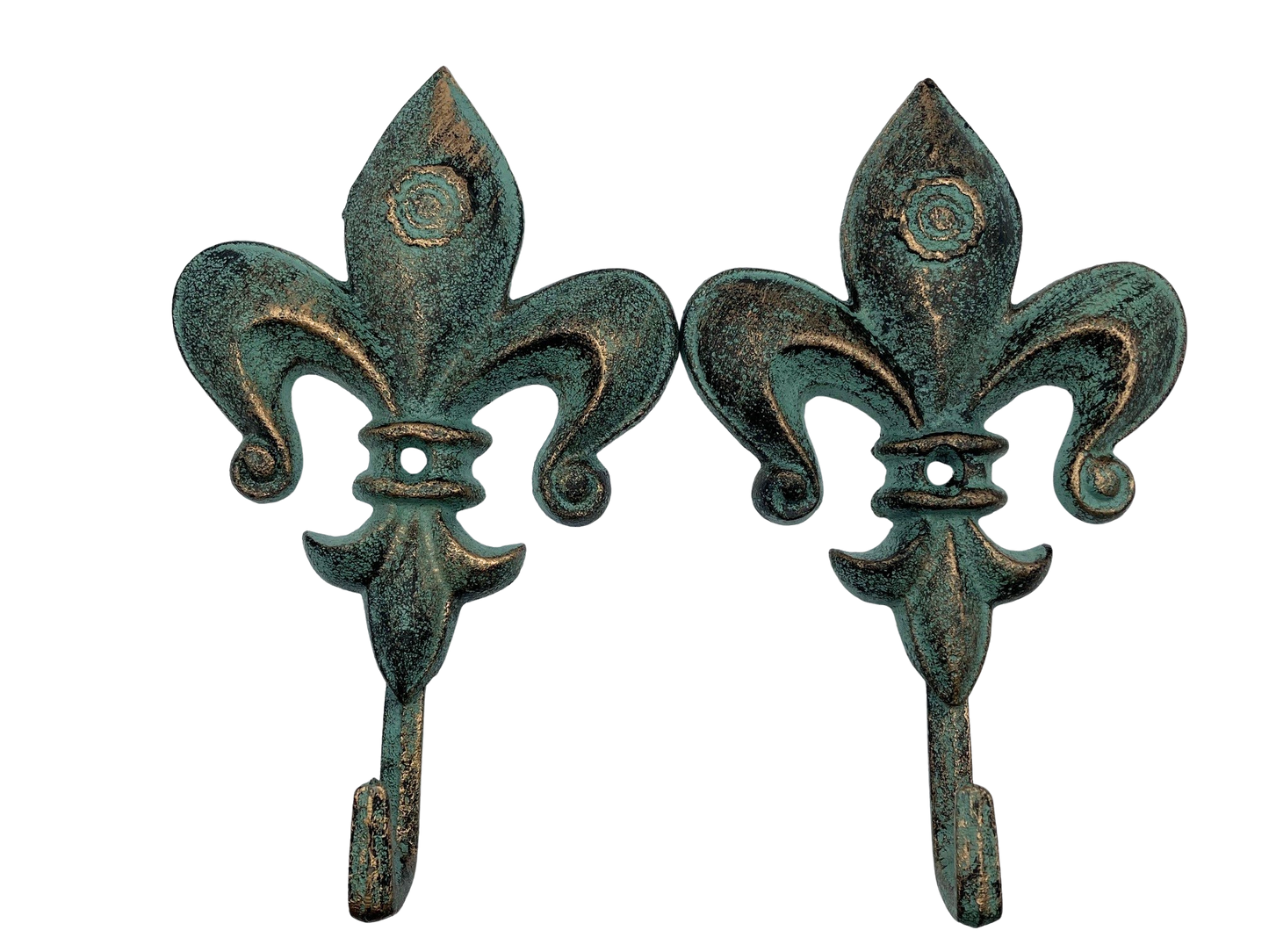 Two fleur-de-lis hooks with a verdigris finish on a white background