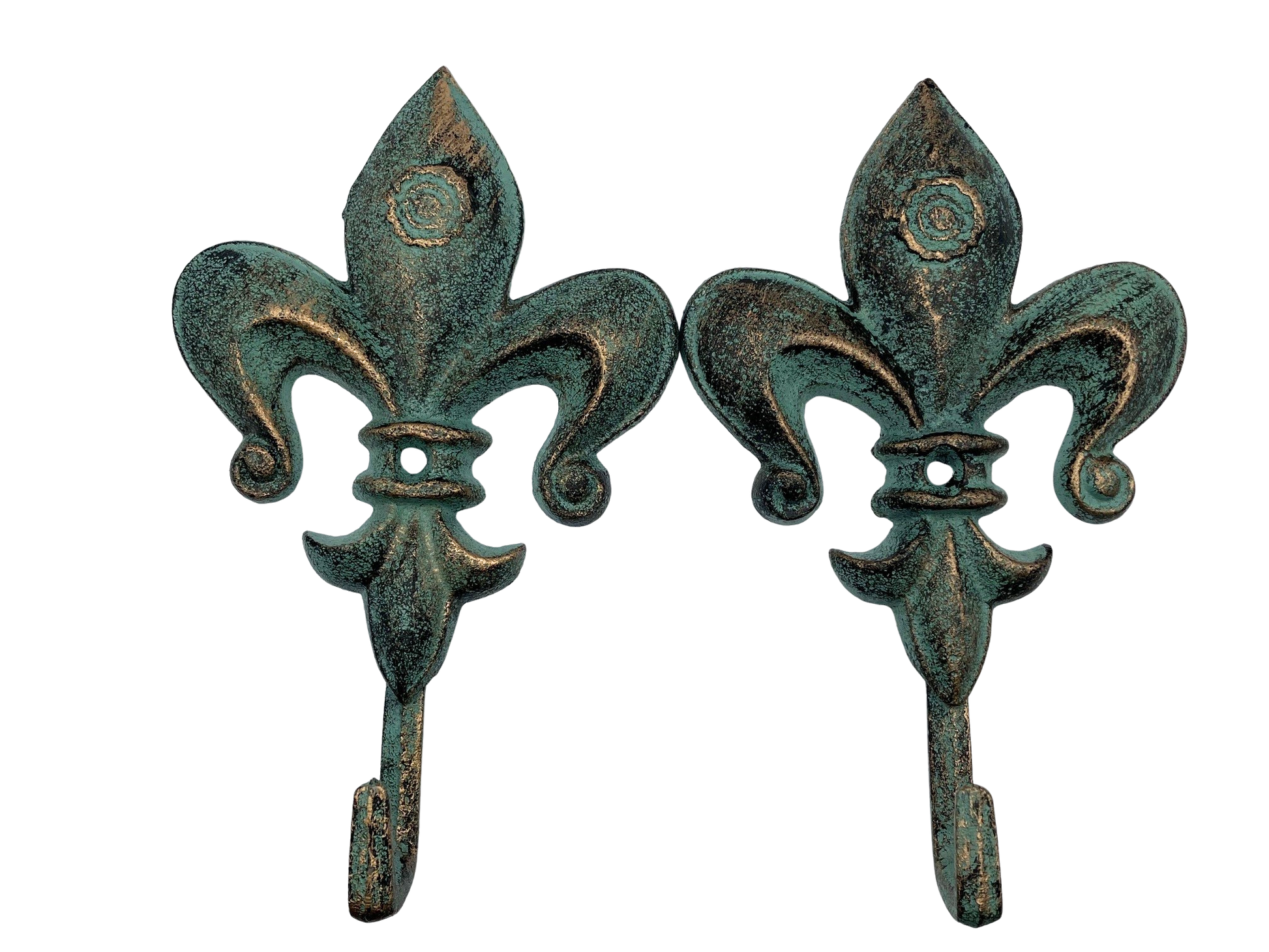 Two fleur-de-lis hooks with a verdigris finish on a white background