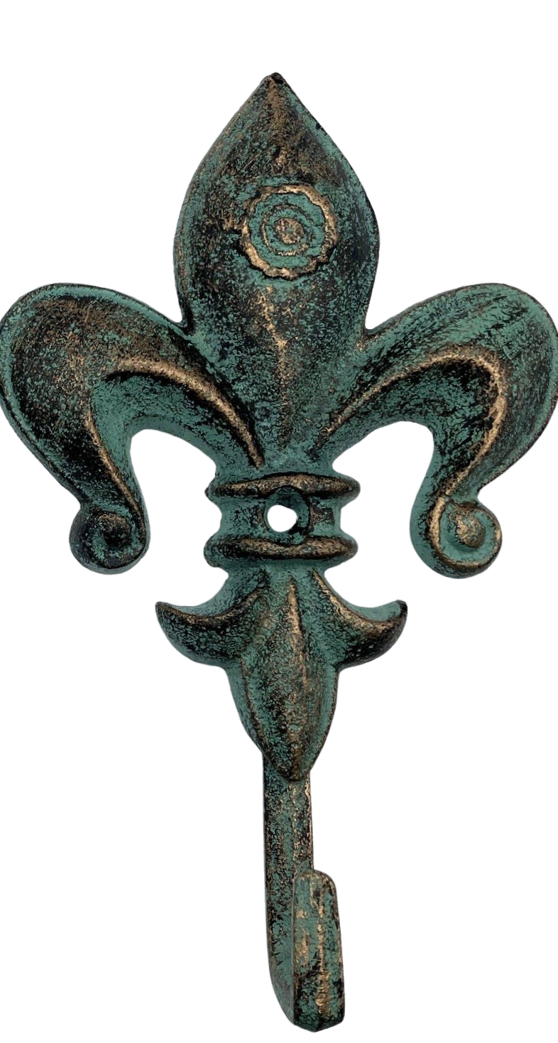Decorative fleur-de-lis wall hook with a green and bronze finish on a white background