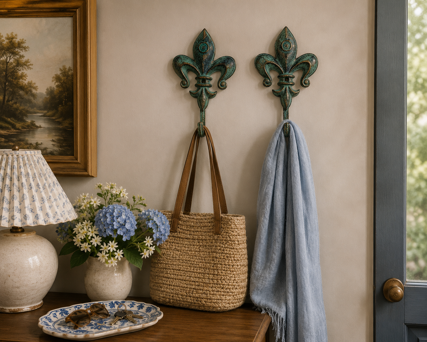 Pair of distressed fleur-de-lis wall hooks mounted in a French country entryway for coats and accessories.