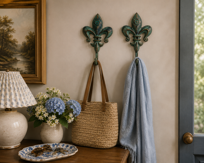 Pair of distressed fleur-de-lis wall hooks mounted in a French country entryway for coats and accessories.