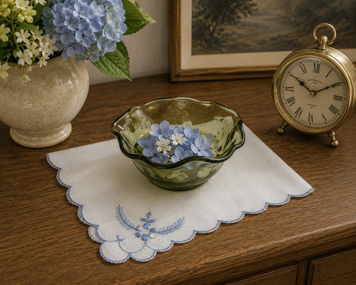 White embroidered floral linen centerpiece styled on a traditional tea table with vintage olive green vintage glass bowl showcased as decorative art glass in a contemporary home setting.