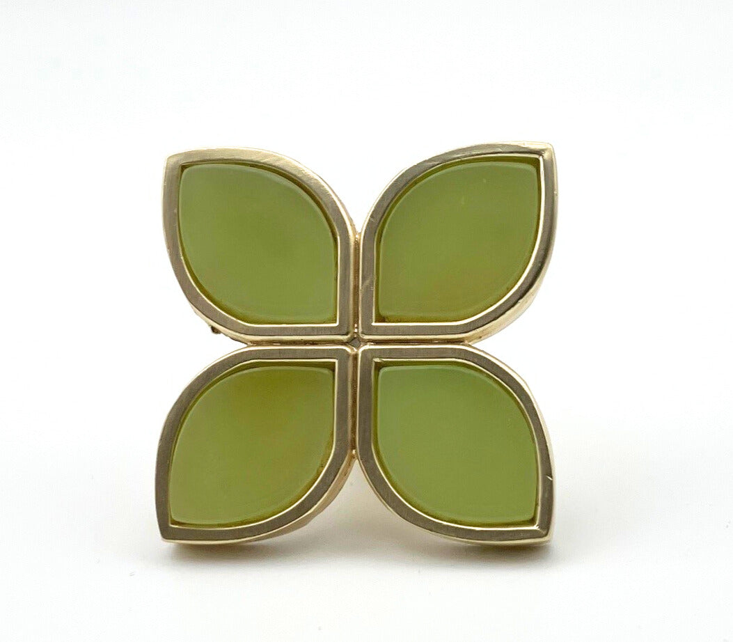 4 petal shaped knob with green petals and brass gold trim