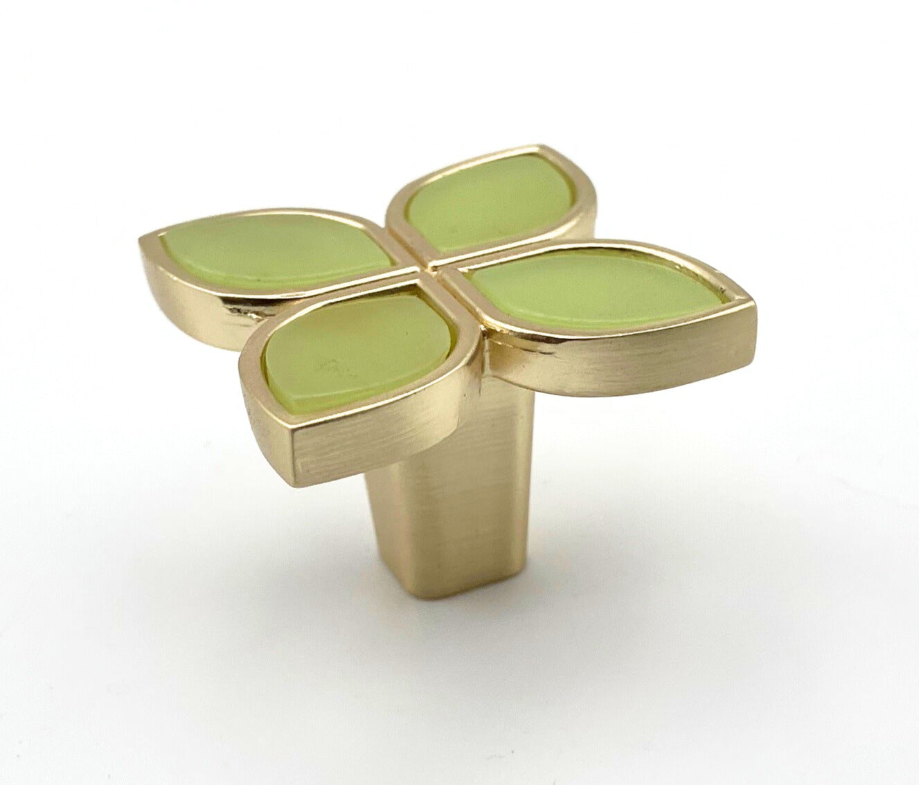 4 petal shaped knob with green petals and brass gold trim