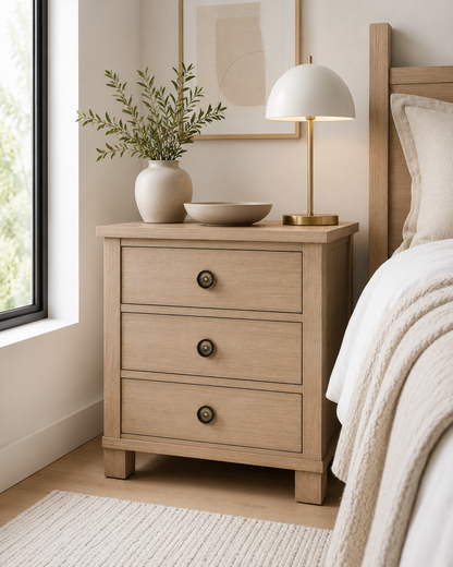 Coordinating bronze sunburst knob featured on a matching modern oak nightstand in a bright bedroom.