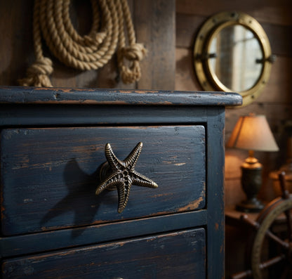 Nautical-themed dresser with starfish handle in a room with rope and mirror.